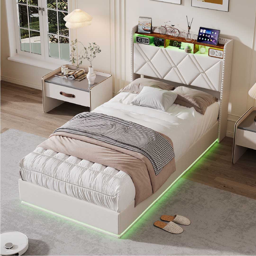 Yelenaro klädd säng med förvaring och LED – Säng med USB/USB-C, hydraulisk, 90x200 / 140x200 / 160x200