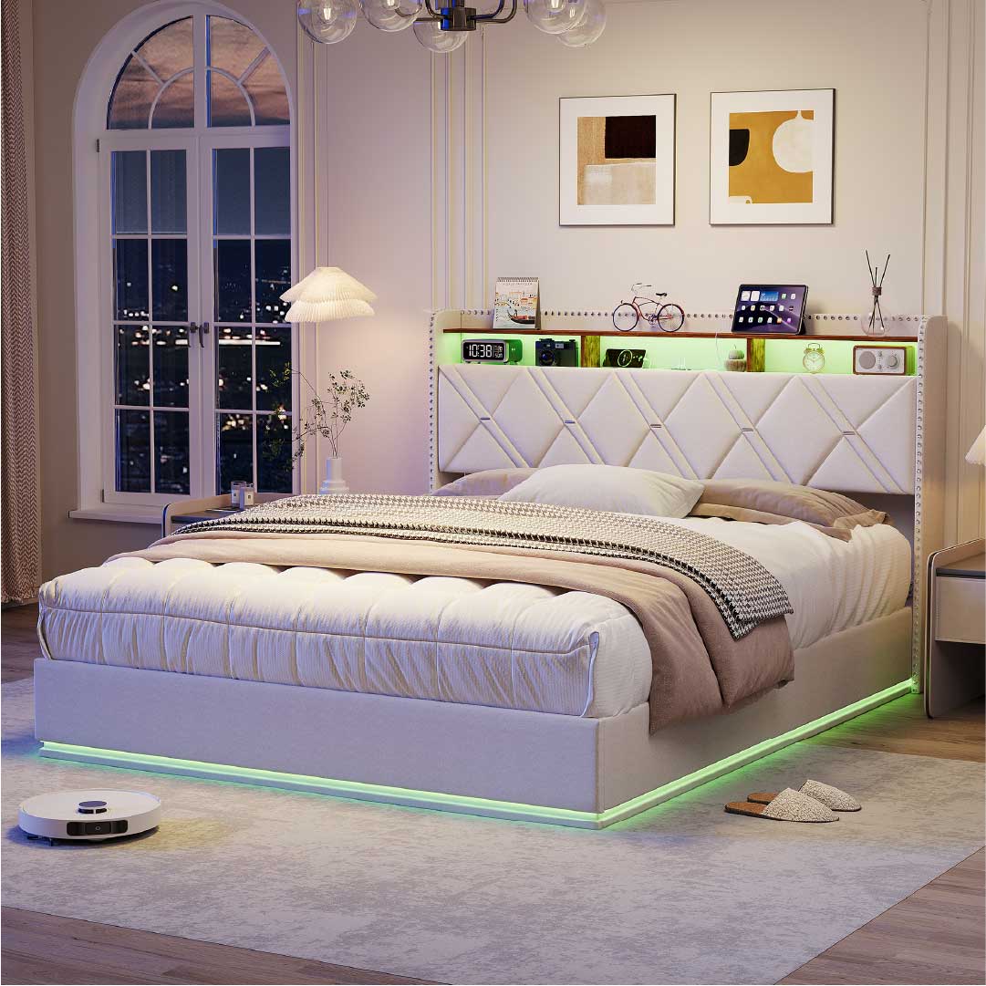 Yelenaro klädd säng med förvaring och LED – Säng med USB/USB-C, hydraulisk, 90x200 / 140x200 / 160x200