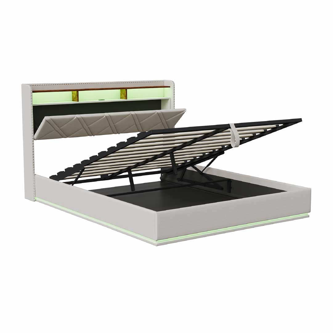 Yelenaro klädd säng med förvaring och LED – Säng med USB/USB-C, hydraulisk, 90x200 / 140x200 / 160x200