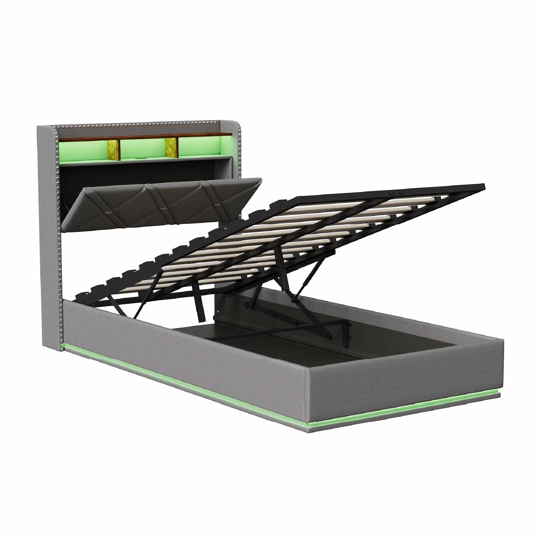 Yelenaro klädd säng med förvaring och LED – Säng med USB/USB-C, hydraulisk, 90x200 / 140x200 / 160x200