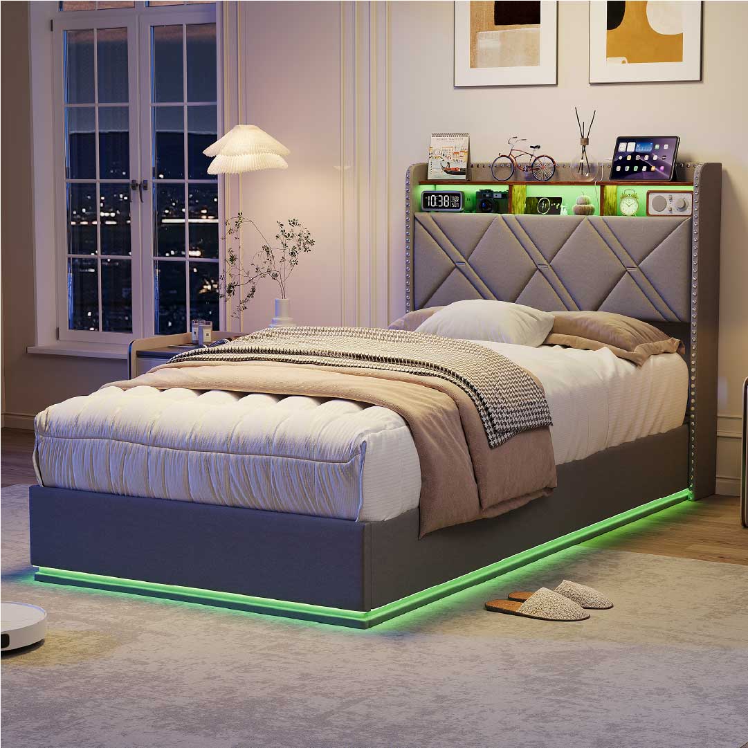 Yelenaro klädd säng med förvaring och LED – Säng med USB/USB-C, hydraulisk, 90x200 / 140x200 / 160x200