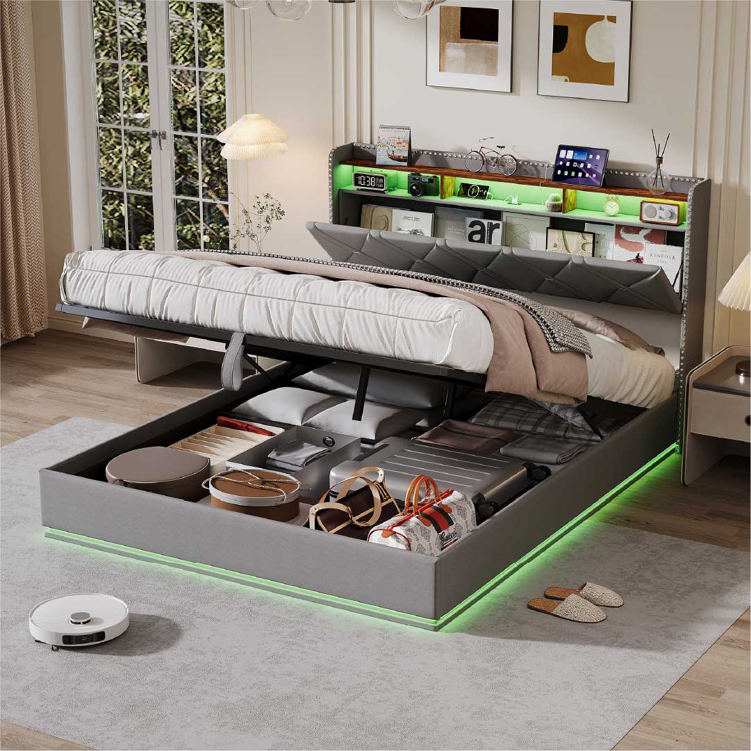 Yelenaro klädd säng med förvaring och LED – Säng med USB/USB-C, hydraulisk, 90x200 / 140x200 / 160x200