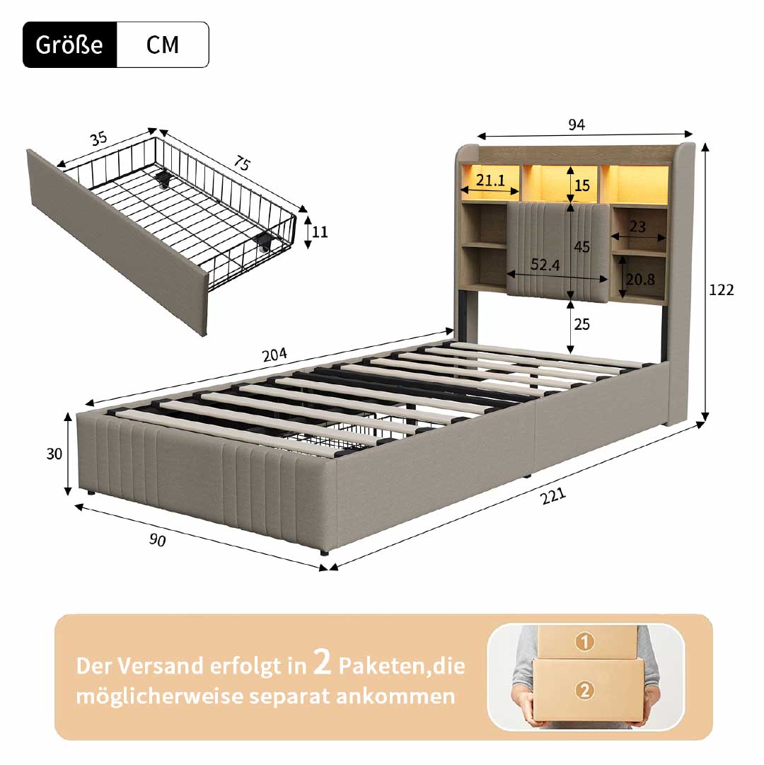 Yelenaro klädd säng med förvaring i sänggaveln, LED & USB – Säng 90x200 / 140x200 / 160x200 med 2 lådor