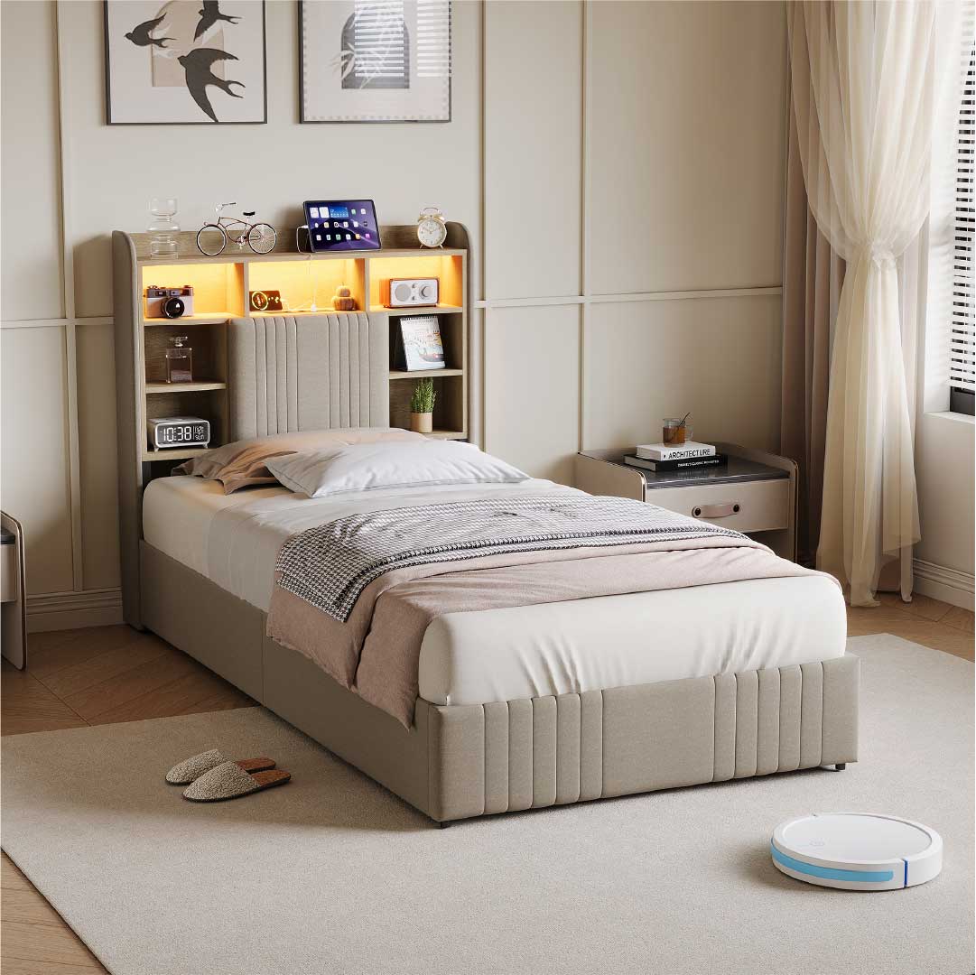 Yelenaro klädd säng med förvaring i sänggaveln, LED & USB – Säng 90x200 / 140x200 / 160x200 med 2 lådor