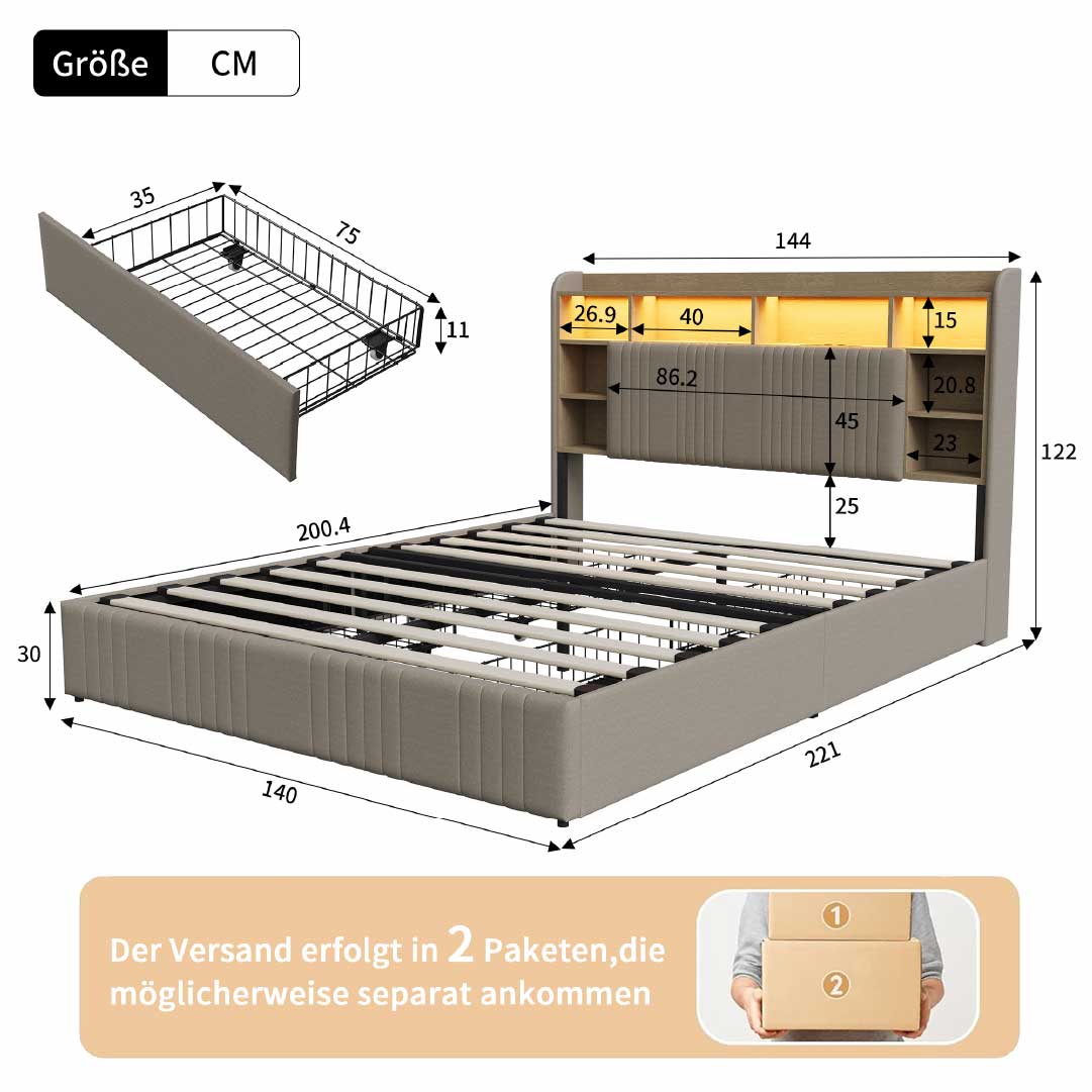Yelenaro klädd säng med förvaring i sänggaveln, LED & USB – Säng 90x200 / 140x200 / 160x200 med 2 lådor
