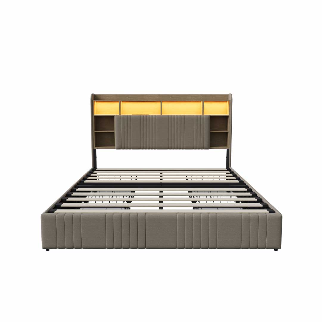 Yelenaro klädd säng med förvaring i sänggaveln, LED & USB – Säng 90x200 / 140x200 / 160x200 med 2 lådor