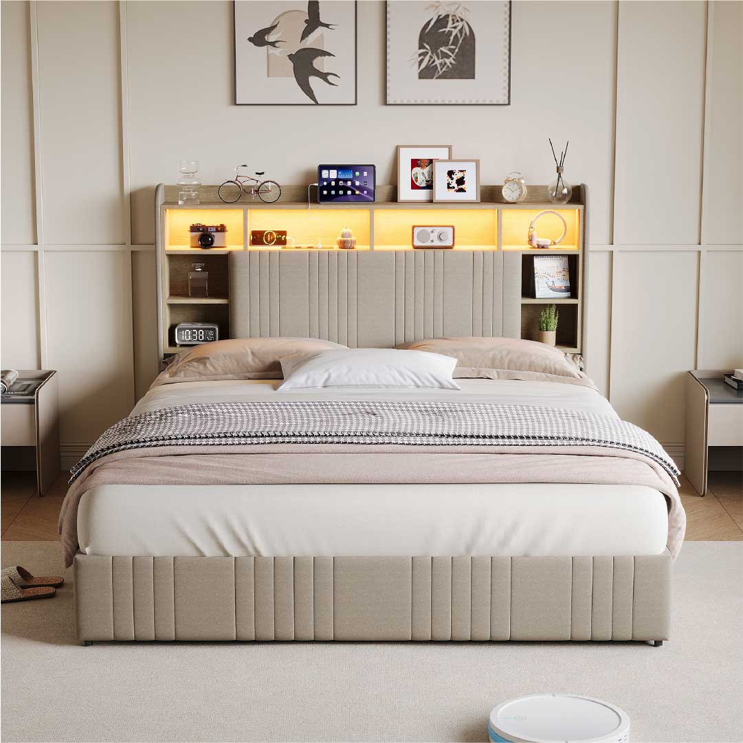 Yelenaro klädd säng med förvaring i sänggaveln, LED & USB – Säng 90x200 / 140x200 / 160x200 med 2 lådor