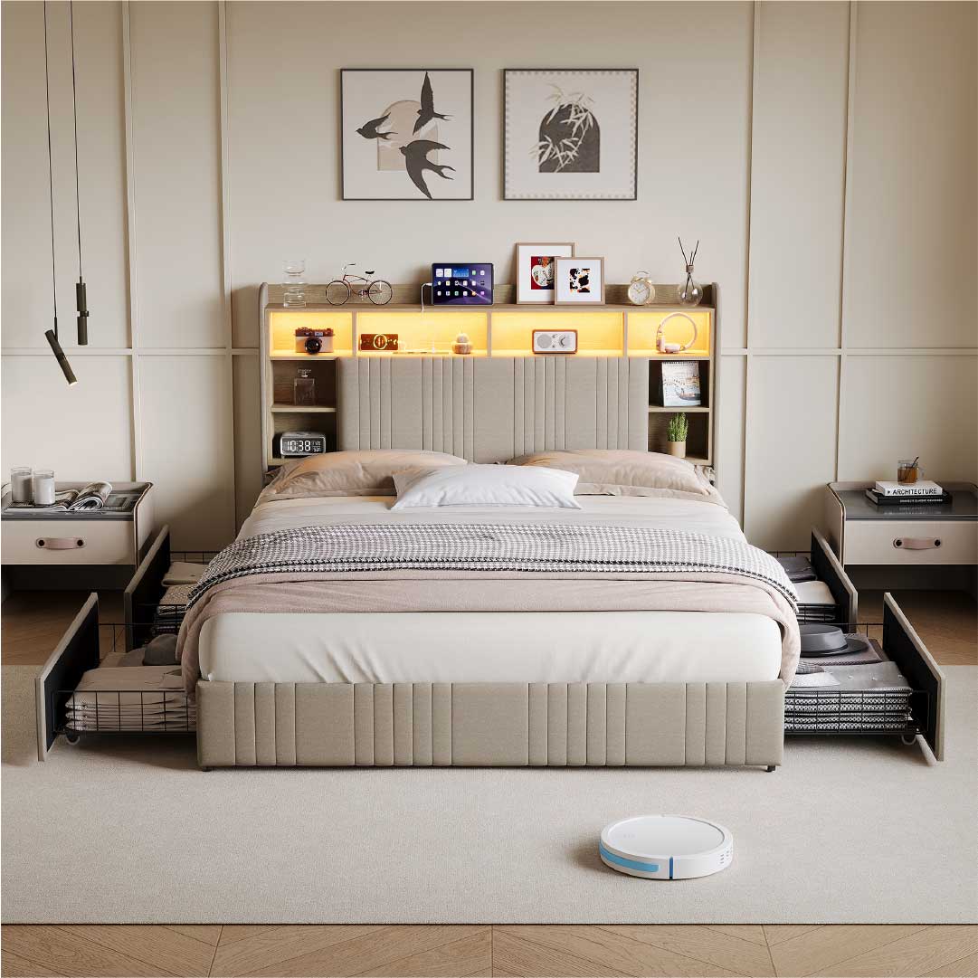 Yelenaro klädd säng med förvaring i sänggaveln, LED & USB – Säng 90x200 / 140x200 / 160x200 med 2 lådor