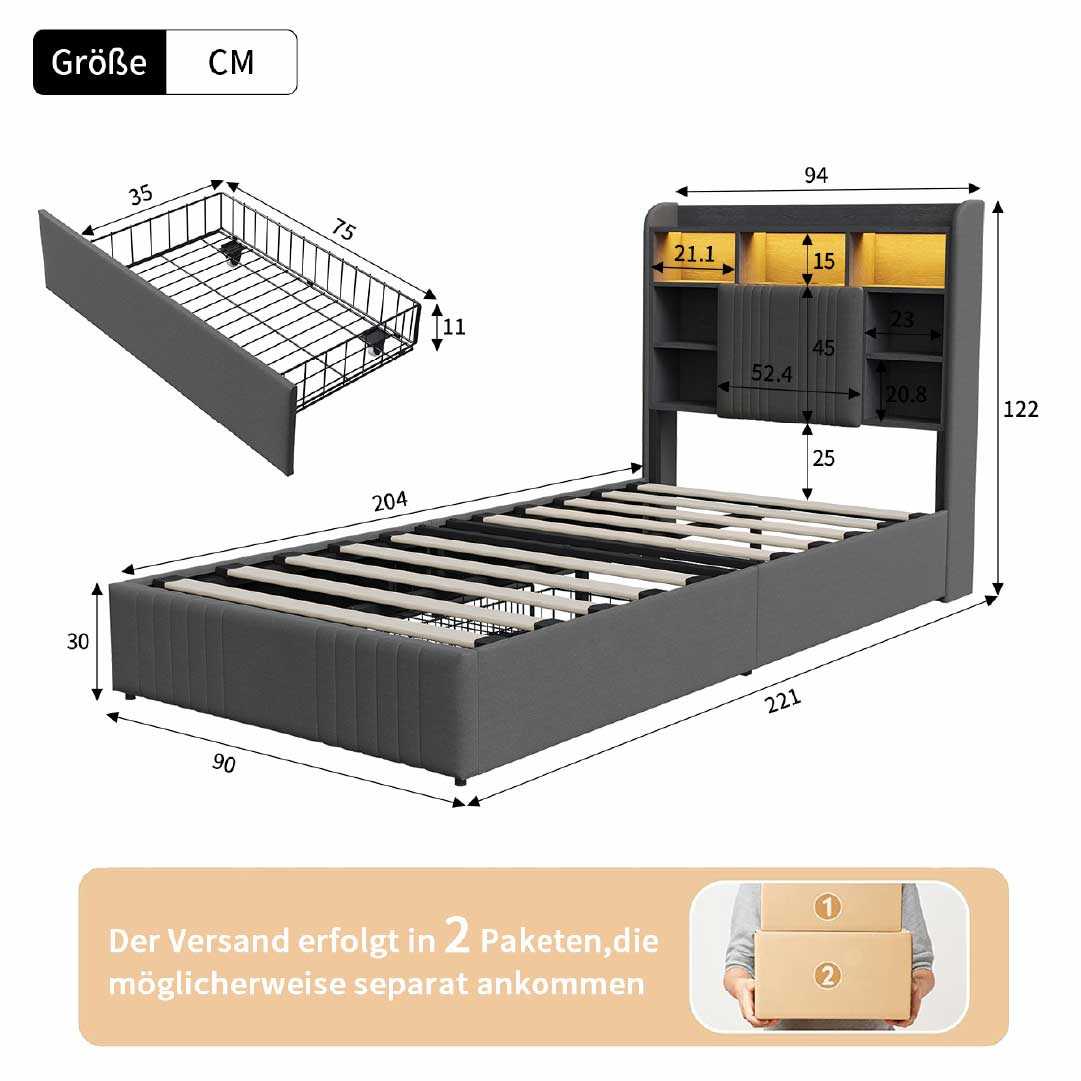 Yelenaro klädd säng med förvaring i sänggaveln, LED & USB – Säng 90x200 / 140x200 / 160x200 med 2 lådor