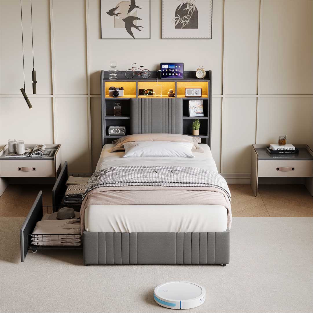 Yelenaro klädd säng med förvaring i sänggaveln, LED & USB – Säng 90x200 / 140x200 / 160x200 med 2 lådor
