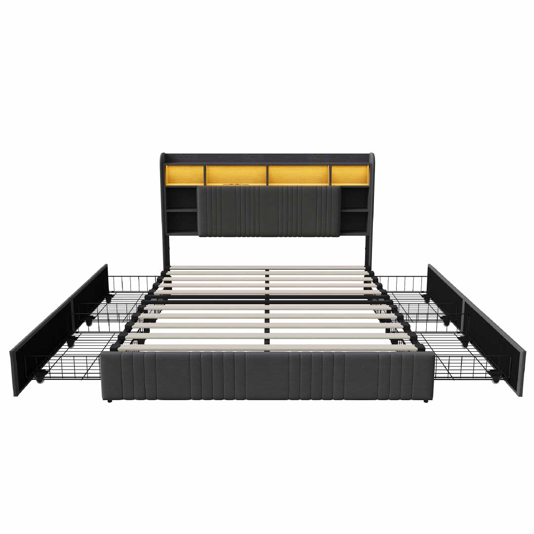 Yelenaro klädd säng med förvaring i sänggaveln, LED & USB – Säng 90x200 / 140x200 / 160x200 med 2 lådor