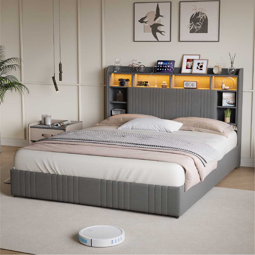 Yelenaro klädd säng med förvaring i sänggaveln, LED & USB – Säng 90x200 / 140x200 / 160x200 med 2 lådor