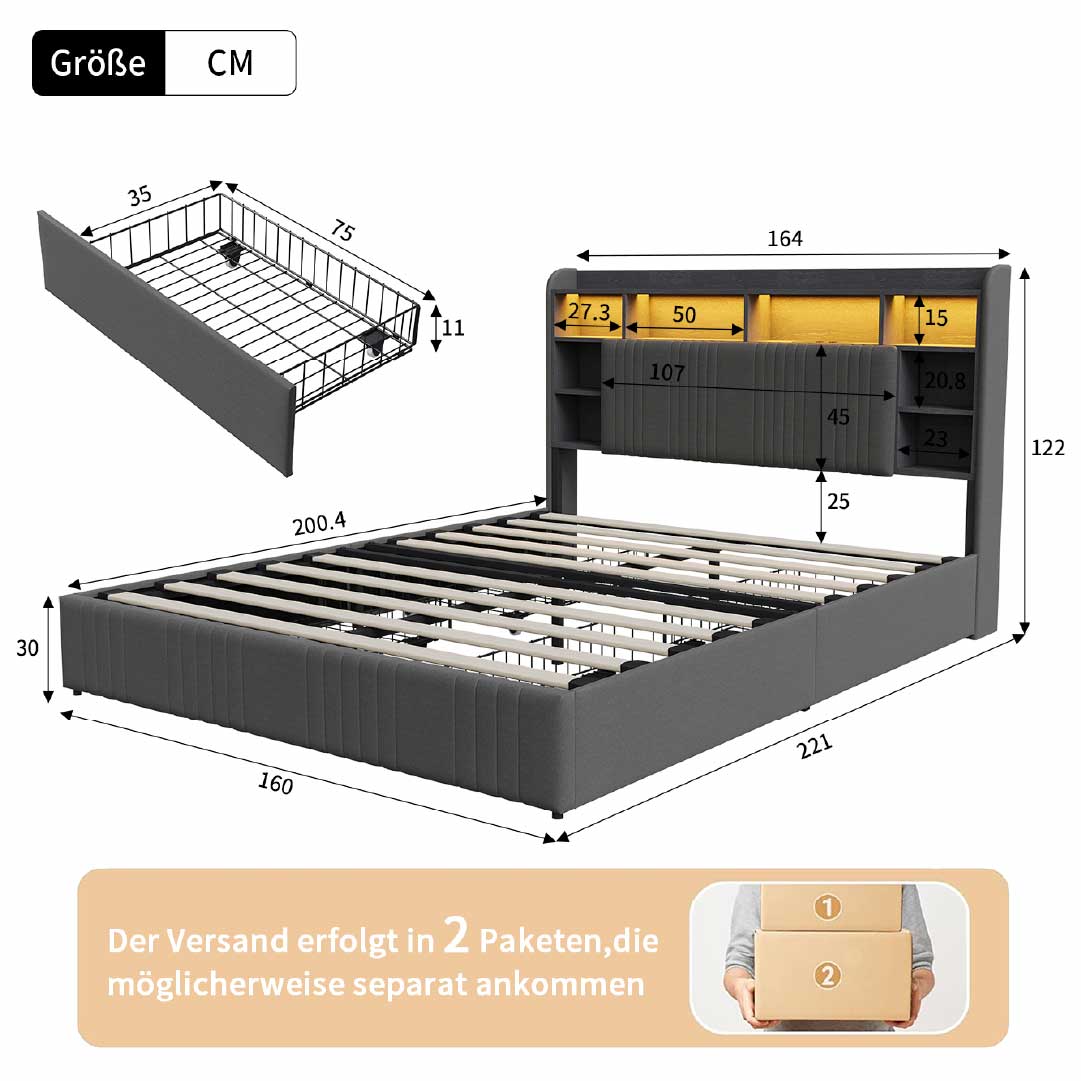 Yelenaro klädd säng med förvaring i sänggaveln, LED & USB – Säng 90x200 / 140x200 / 160x200 med 2 lådor