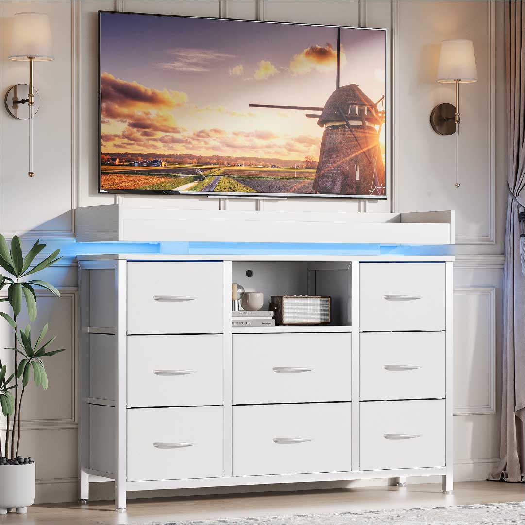 Yelenaro byrå med 8 tyglådor och LED-belysning – Skänk med eluttag och USB, modernt förvaringsskåp