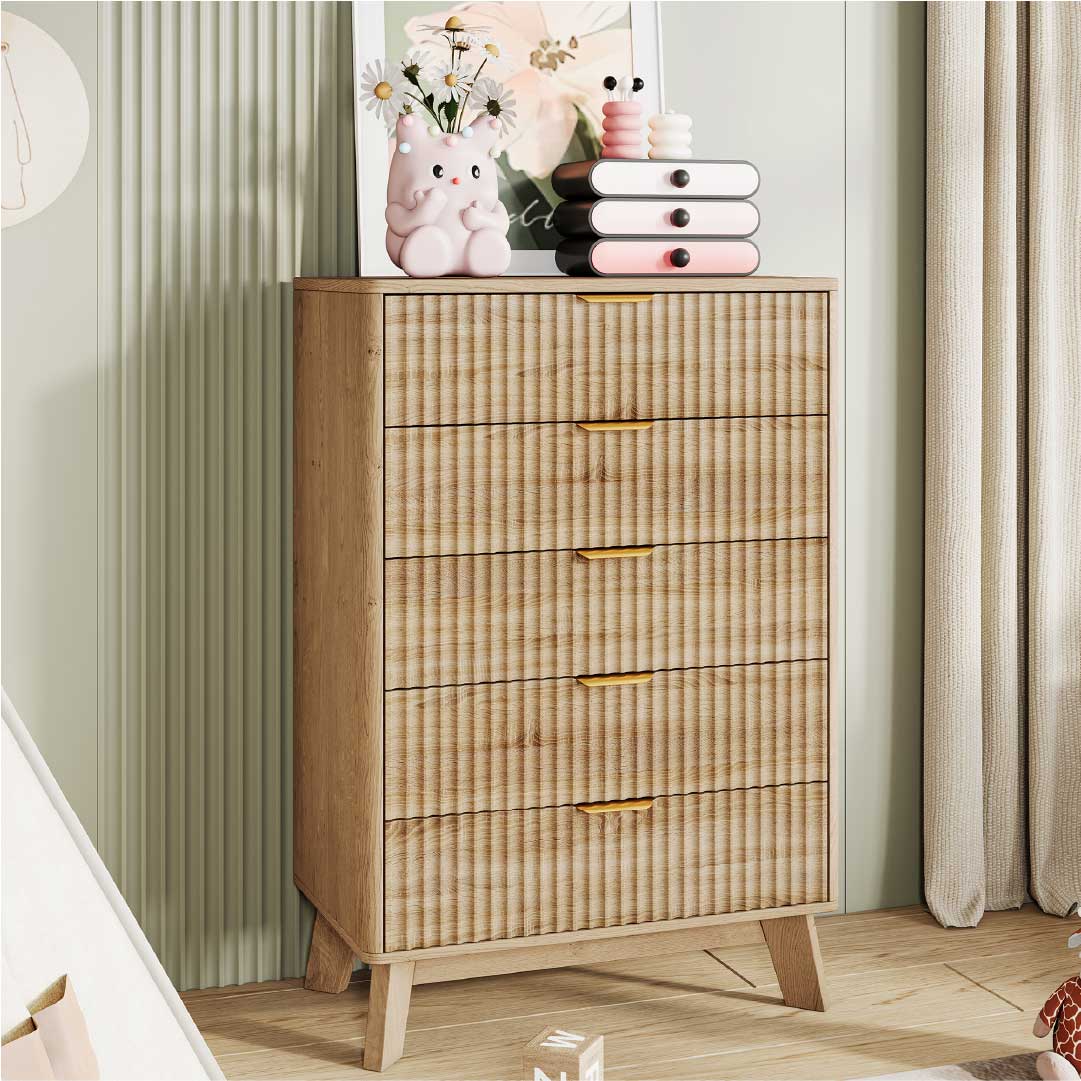Yelenaro Byrå Träeffekt med 5 lådor – Skandinaviskt Sideboard Skåp Sovrum Vardagsrum