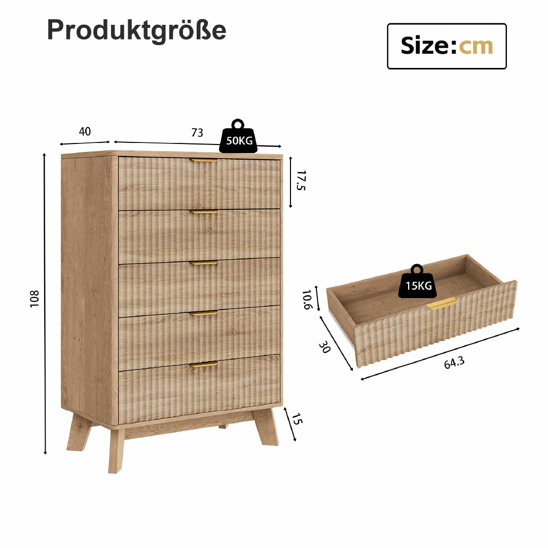 Yelenaro Byrå Träeffekt med 5 lådor – Skandinaviskt Sideboard Skåp Sovrum Vardagsrum