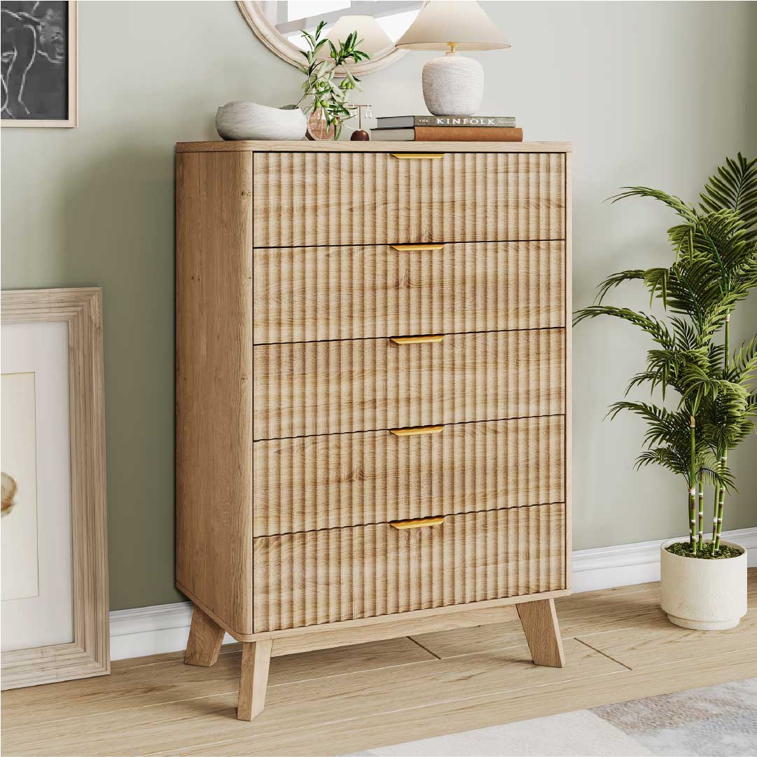Yelenaro Byrå Träeffekt med 5 lådor – Skandinaviskt Sideboard Skåp Sovrum Vardagsrum