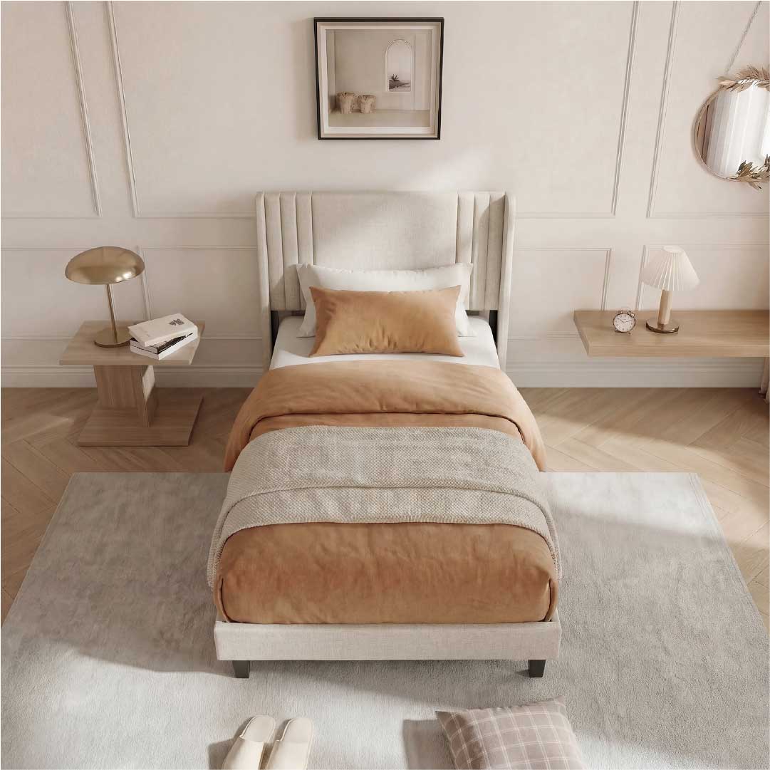 Yelenaro klädd säng med ribbotten 90x200 / 140x200 / 160x200 – Sängram med metallram och vadderad huvudgavel
