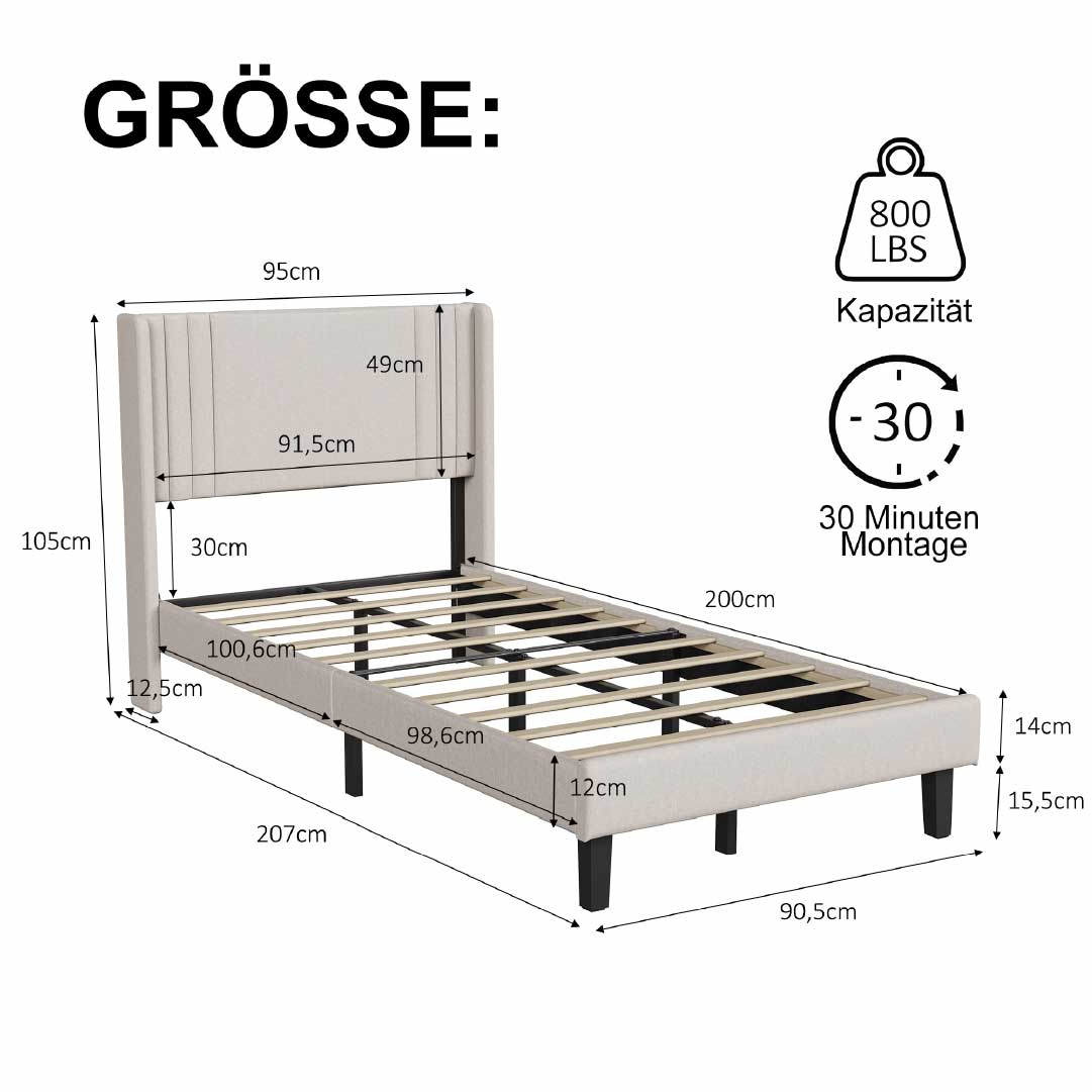 Yelenaro klädd säng med ribbotten 90x200 / 140x200 / 160x200 – Sängram med metallram och vadderad huvudgavel