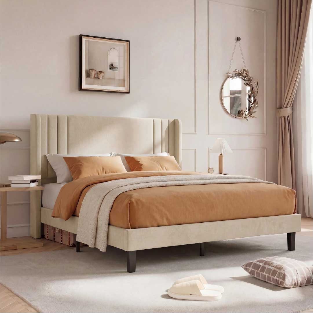 Yelenaro klädd säng med ribbotten 90x200 / 140x200 / 160x200 – Sängram med metallram och vadderad huvudgavel