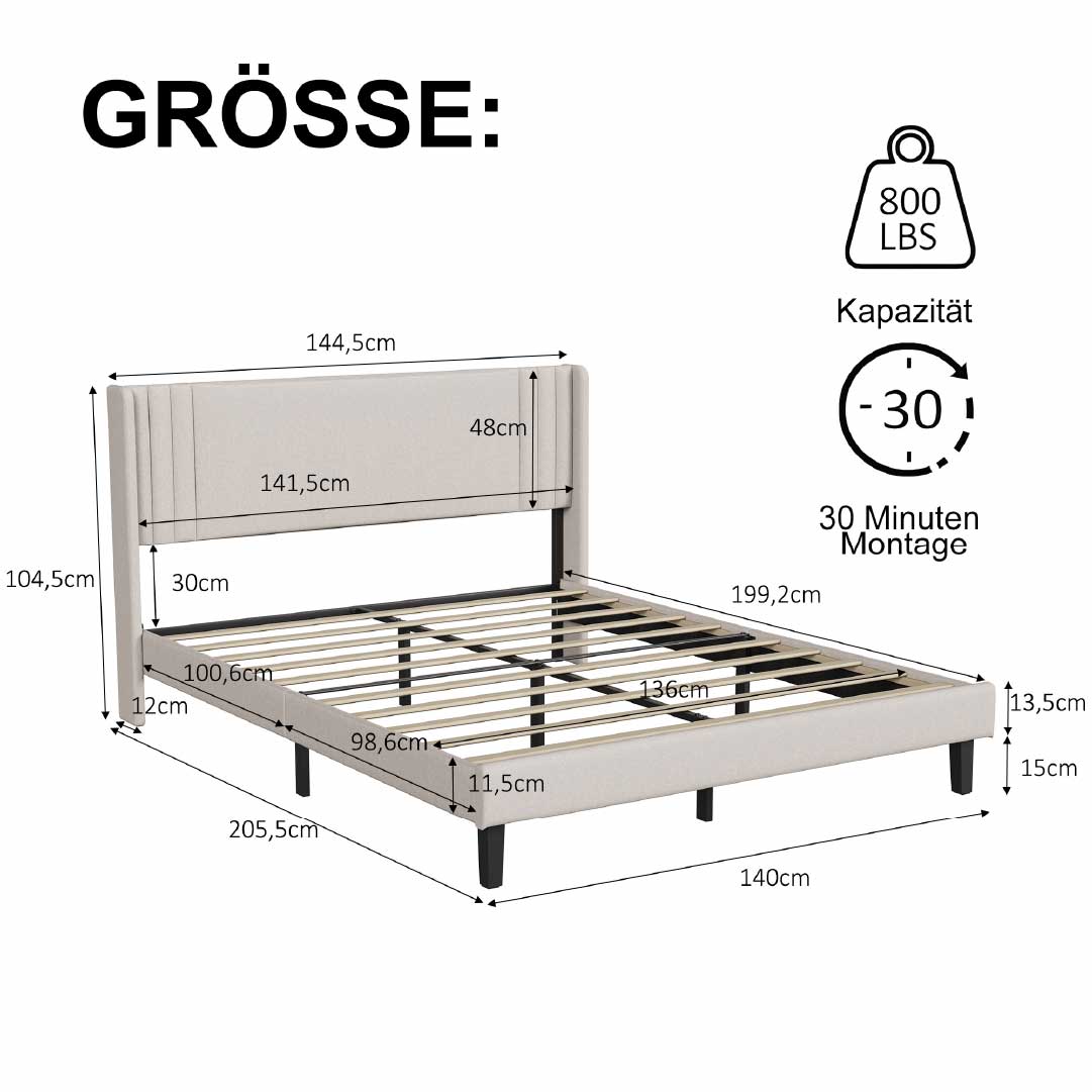 Yelenaro klädd säng med ribbotten 90x200 / 140x200 / 160x200 – Sängram med metallram och vadderad huvudgavel