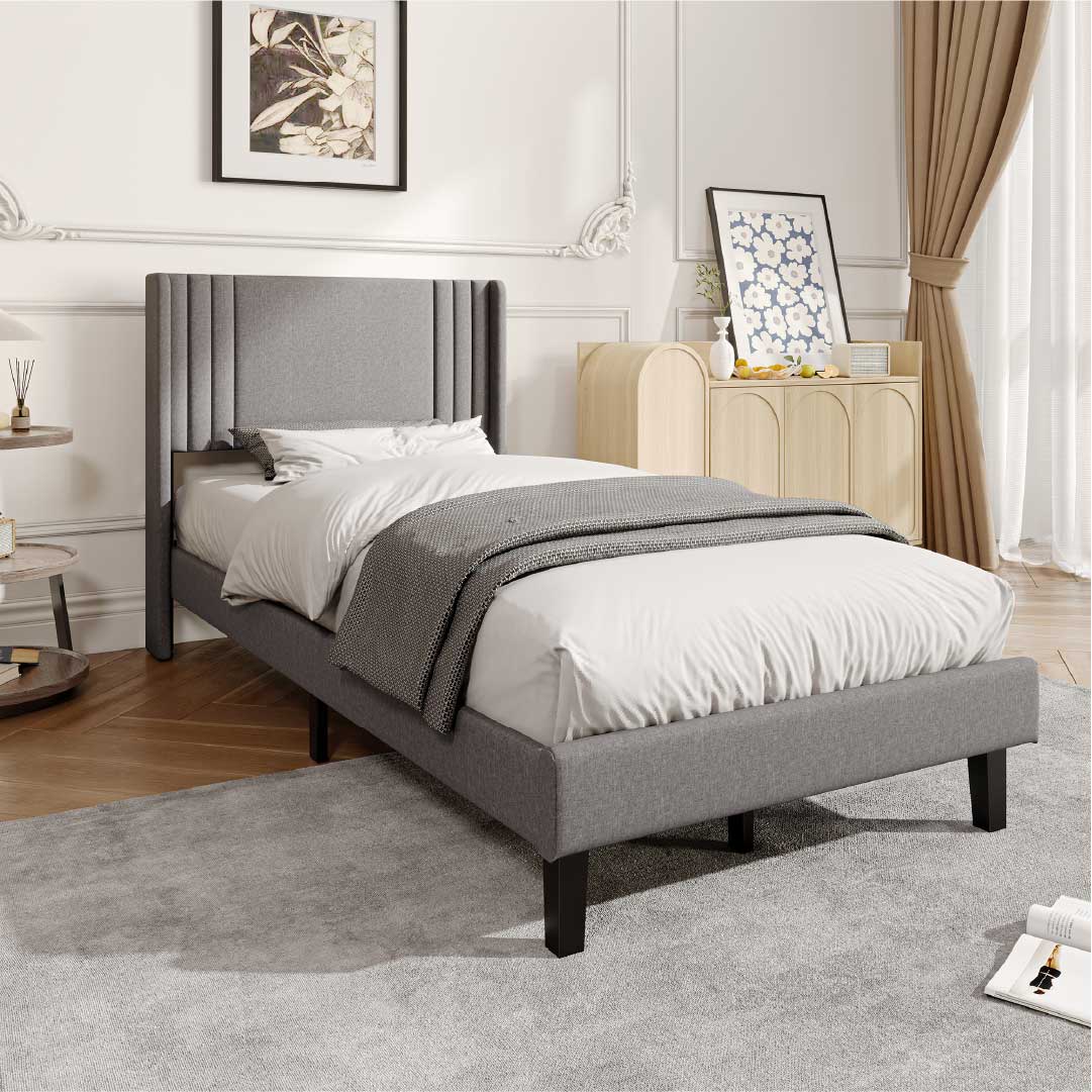 Yelenaro klädd säng med ribbotten 90x200 / 140x200 / 160x200 – Sängram med metallram och vadderad huvudgavel