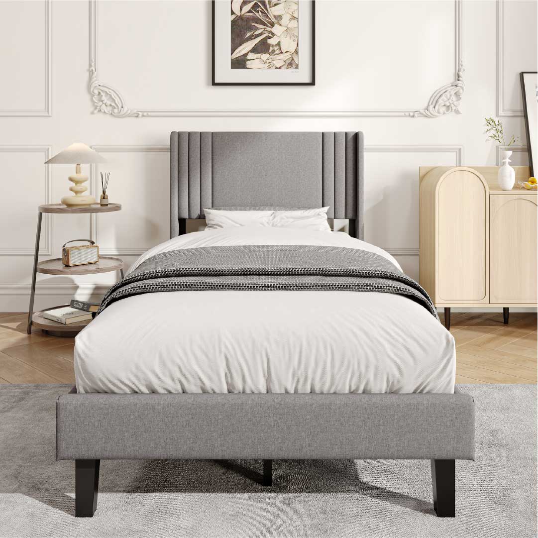 Yelenaro klädd säng med ribbotten 90x200 / 140x200 / 160x200 – Sängram med metallram och vadderad huvudgavel