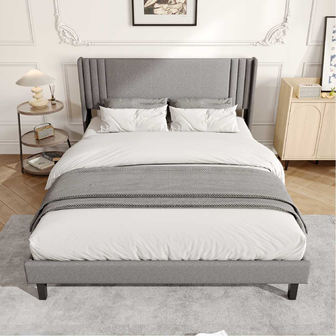 Yelenaro klädd säng med ribbotten 90x200 / 140x200 / 160x200 – Sängram med metallram och vadderad huvudgavel