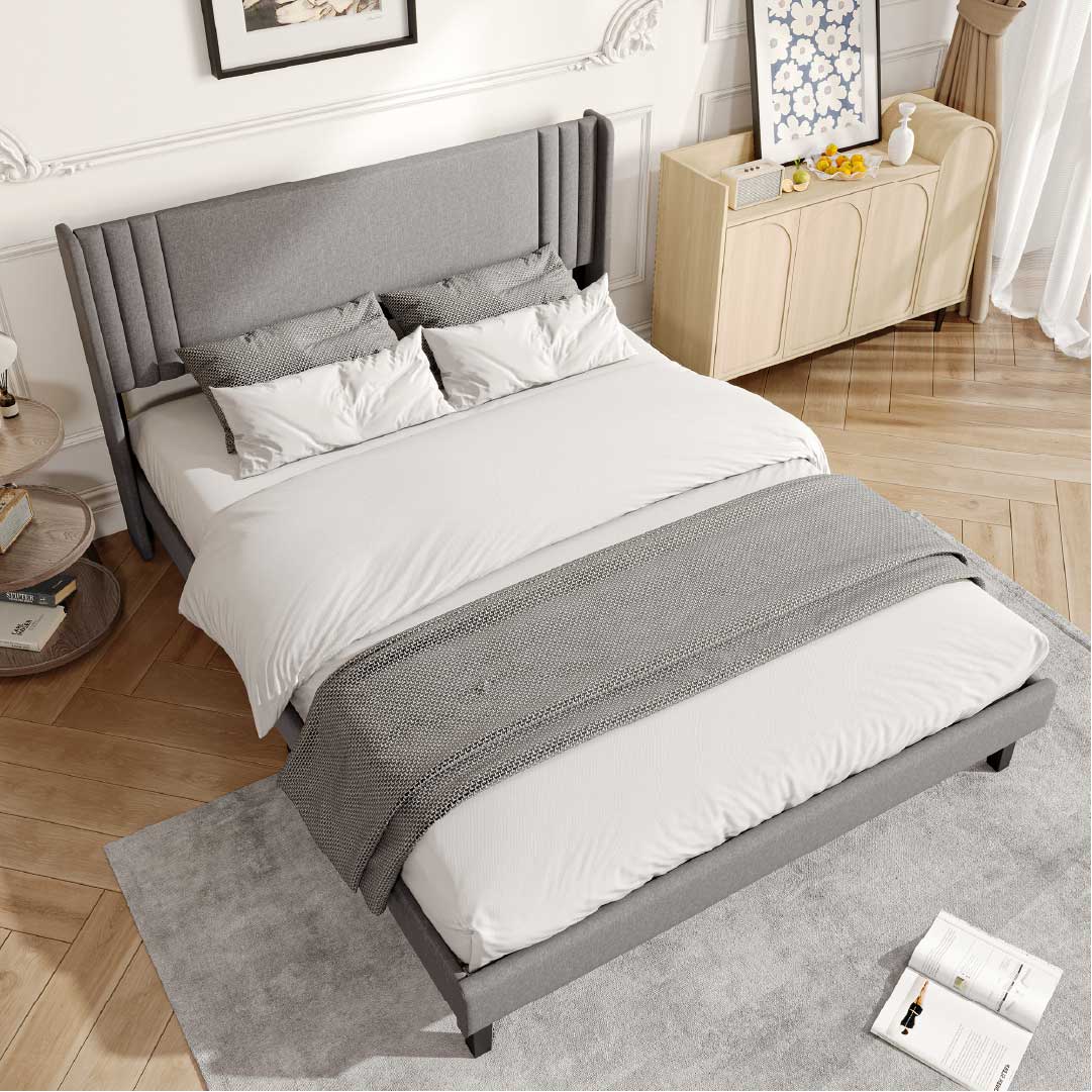 Yelenaro klädd säng med ribbotten 90x200 / 140x200 / 160x200 – Sängram med metallram och vadderad huvudgavel