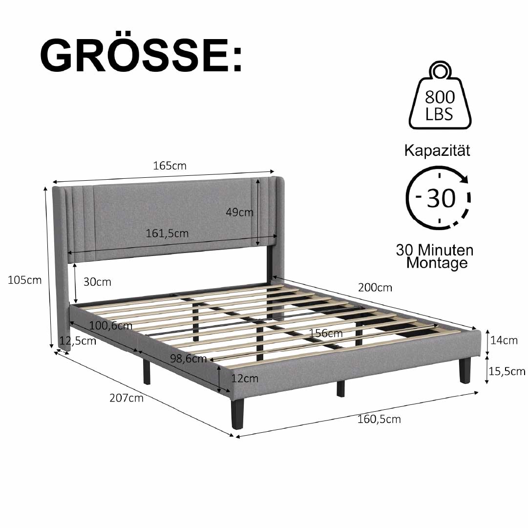 Yelenaro klädd säng med ribbotten 90x200 / 140x200 / 160x200 – Sängram med metallram och vadderad huvudgavel