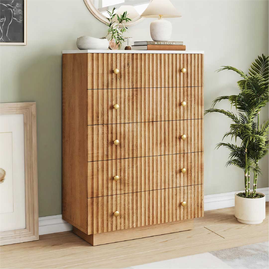 Yelenaro byrå trälook med 5 lådor & LED – Modern sovrumskommod med förvaring, varmvitt/kallvitt ljus