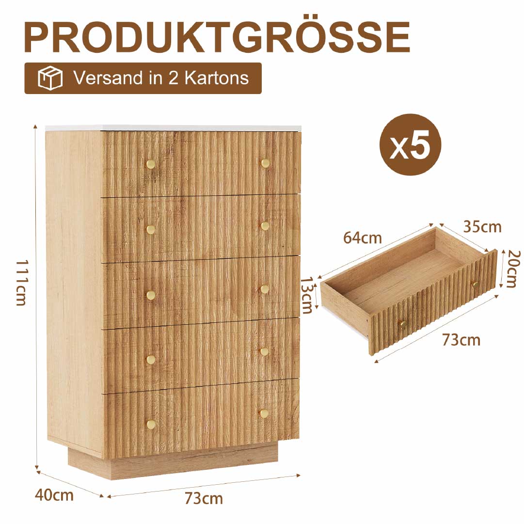 Yelenaro byrå trälook med 5 lådor & LED – Modern sovrumskommod med förvaring, varmvitt/kallvitt ljus