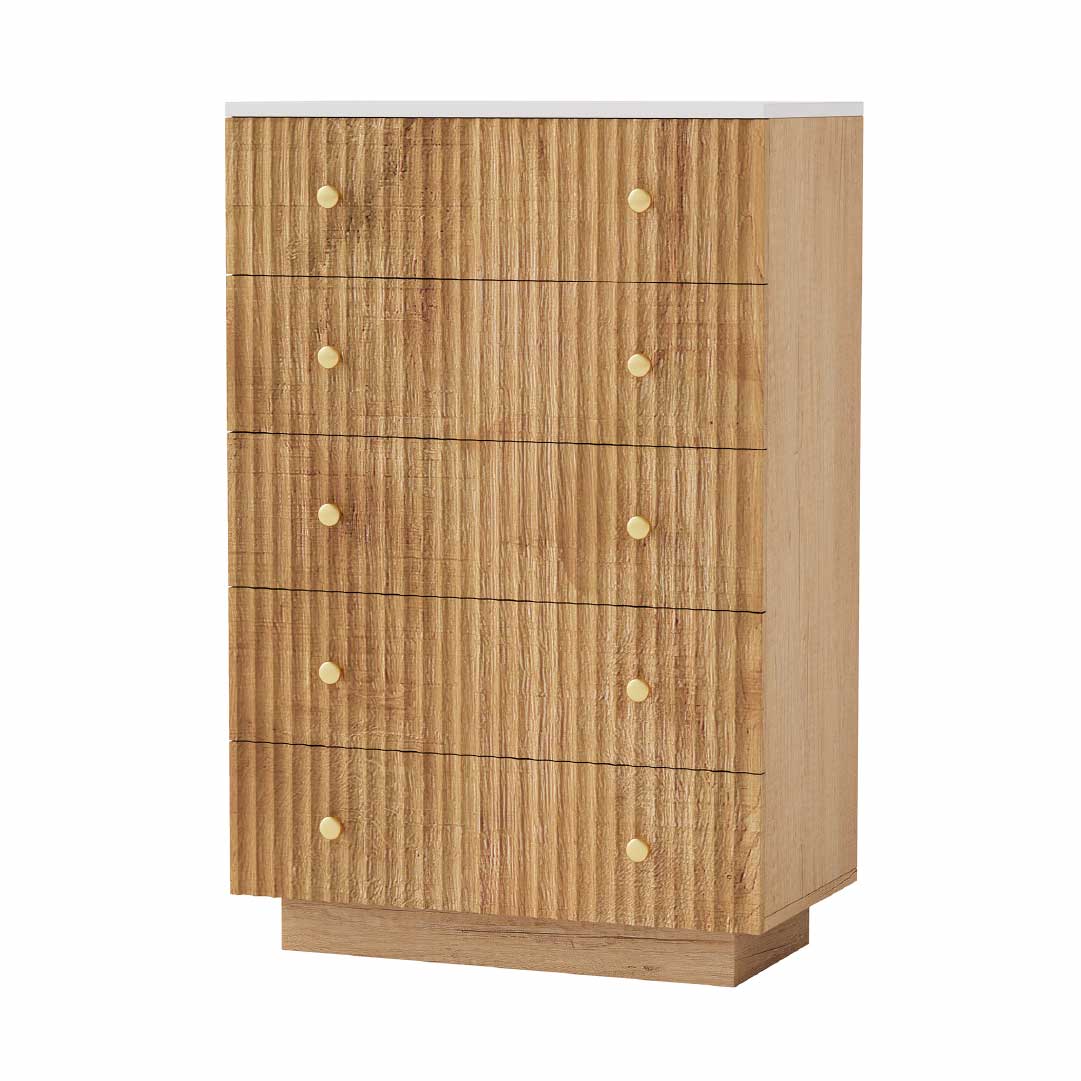 Yelenaro byrå trälook med 5 lådor & LED – Modern sovrumskommod med förvaring, varmvitt/kallvitt ljus