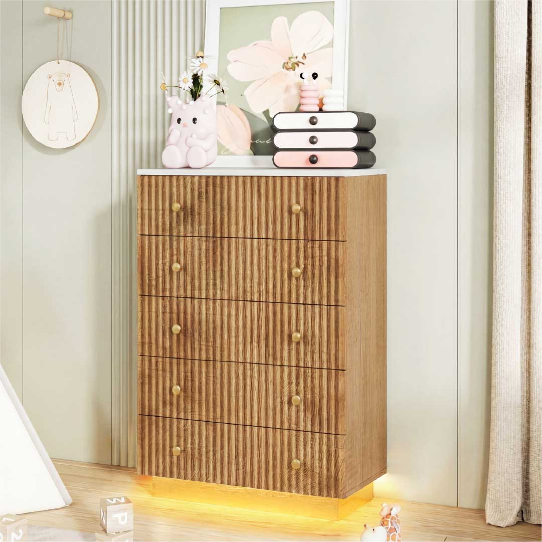 Yelenaro byrå trälook med 5 lådor & LED – Modern sovrumskommod med förvaring, varmvitt/kallvitt ljus