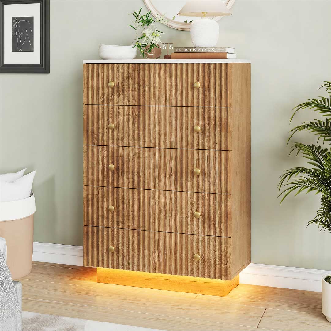 Yelenaro byrå trälook med 5 lådor & LED – Modern sovrumskommod med förvaring, varmvitt/kallvitt ljus