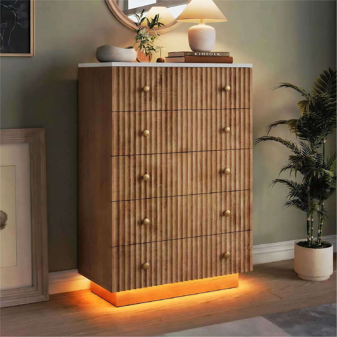 Yelenaro byrå trälook med 5 lådor & LED – Modern sovrumskommod med förvaring, varmvitt/kallvitt ljus