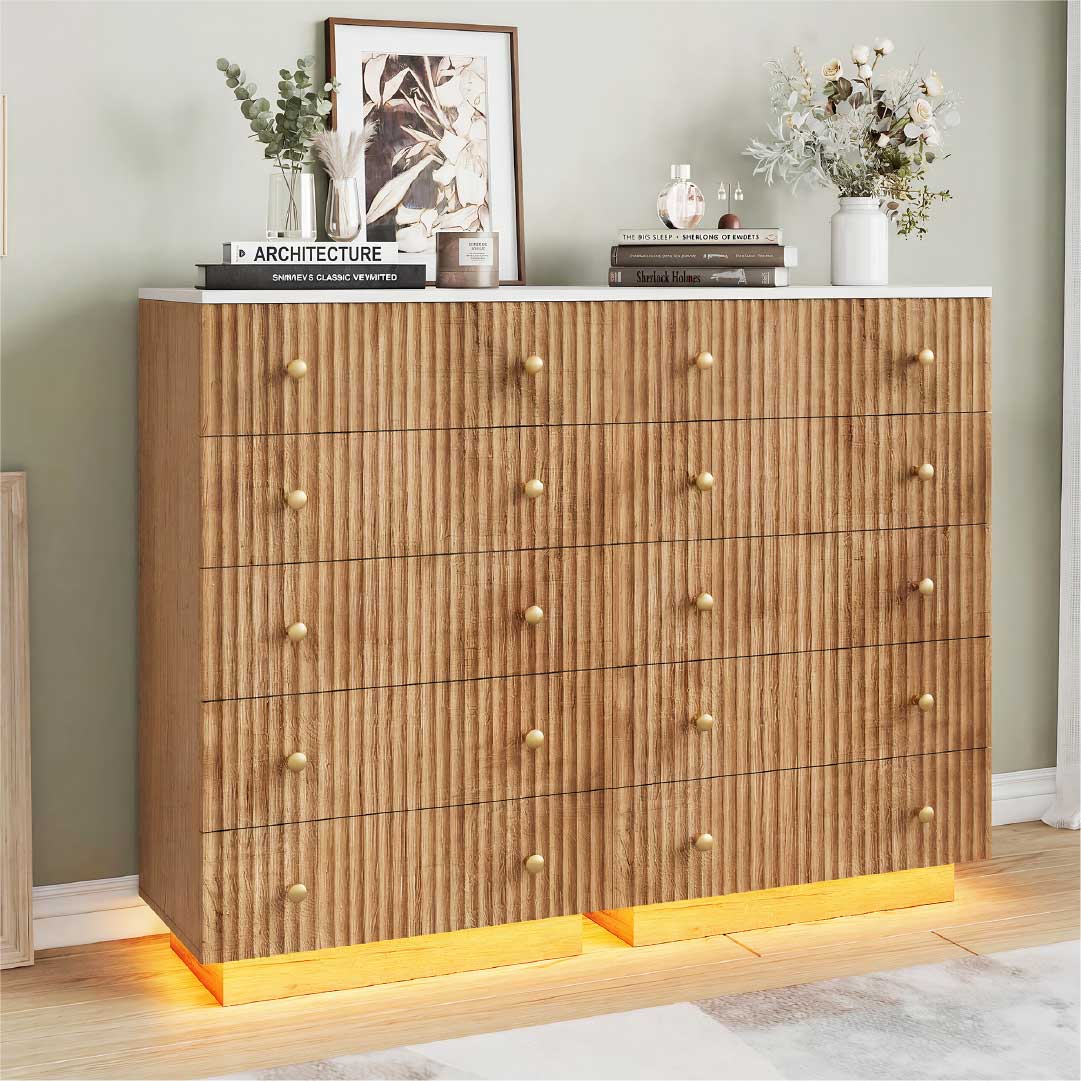 Yelenaro byrå trälook med 5 lådor & LED – Modern sovrumskommod med förvaring, varmvitt/kallvitt ljus