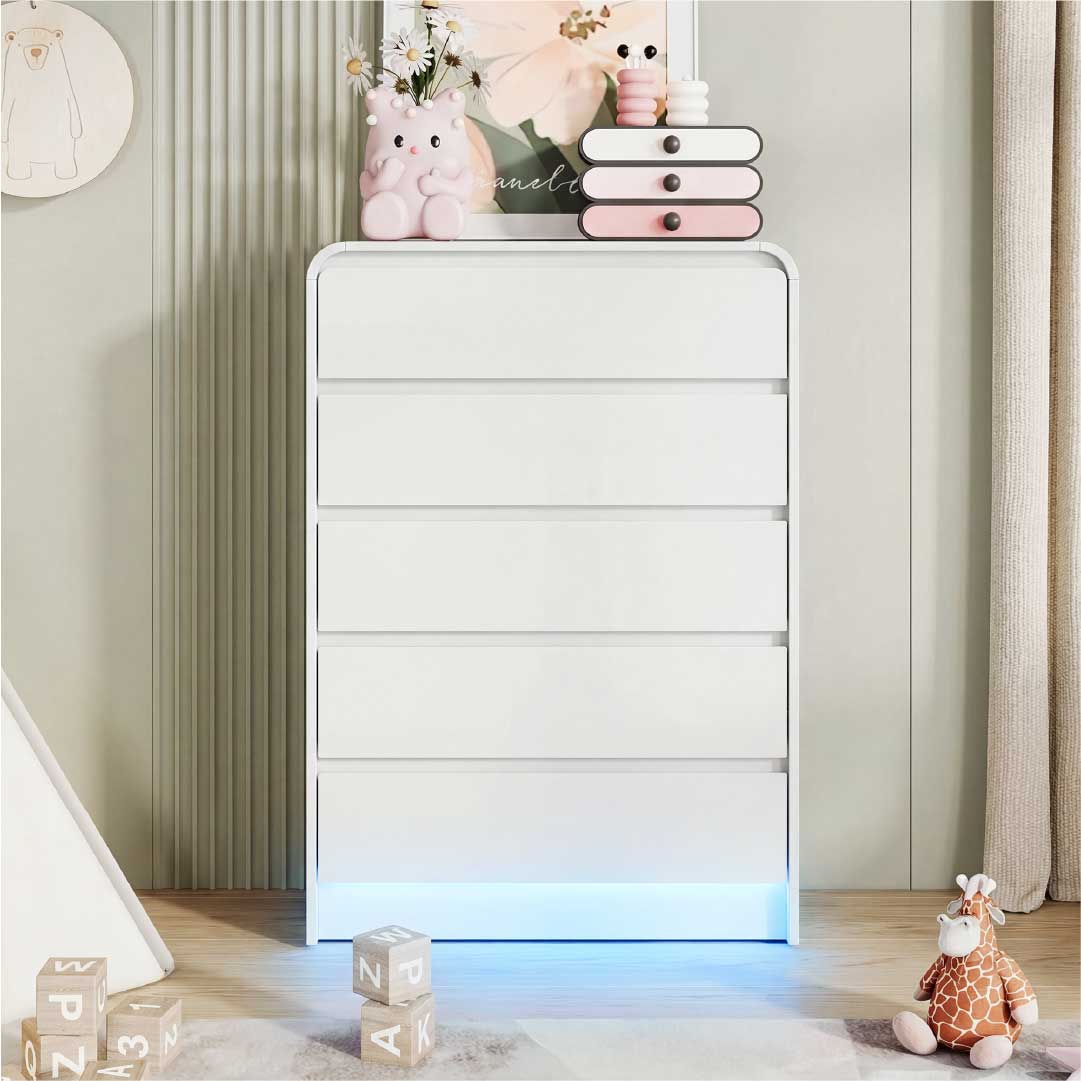 Yelenaro Vit byrå med 5 lådor & RGB LED – Modern minimalistisk lådbyrå med förvaring