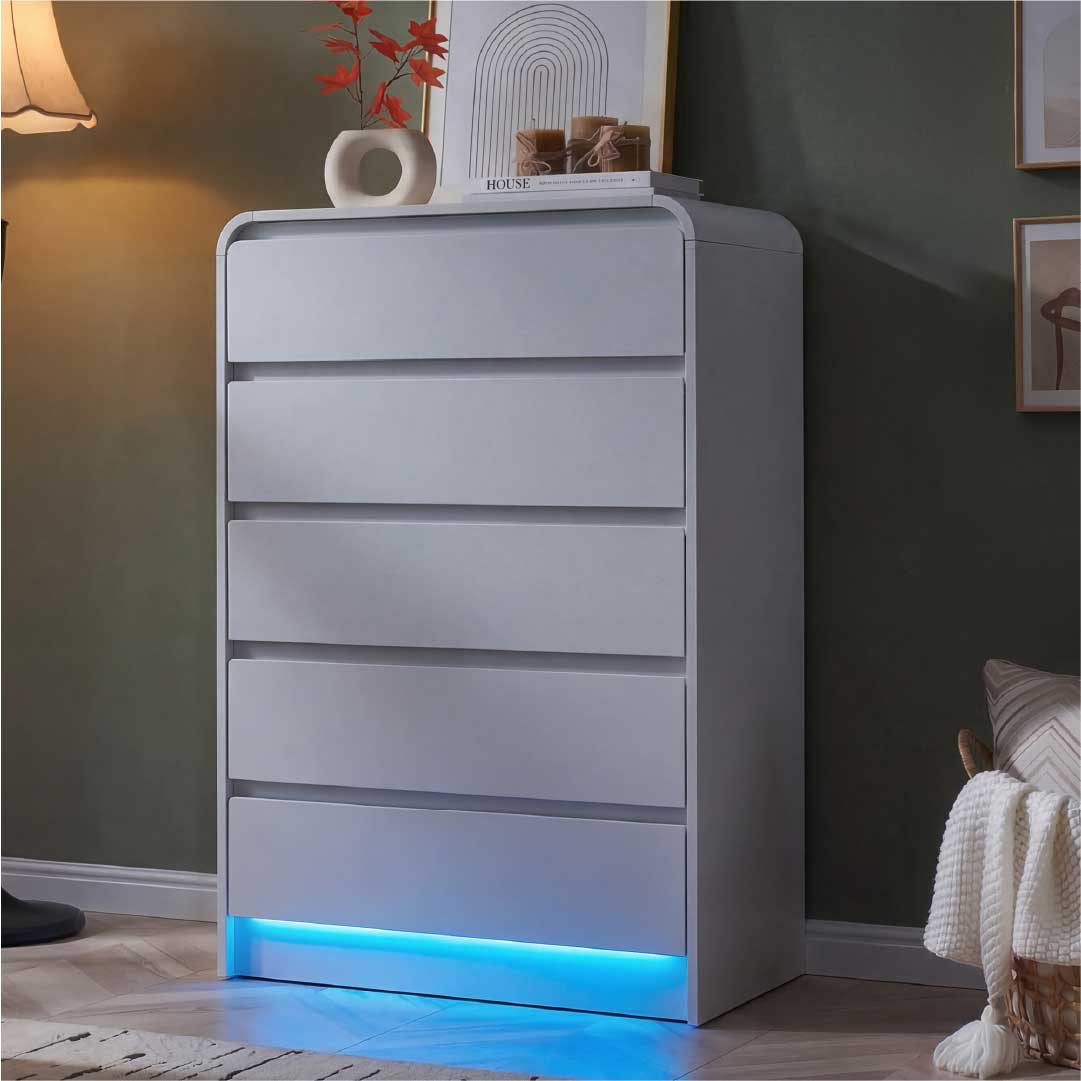 Yelenaro Vit byrå med 5 lådor & RGB LED – Modern minimalistisk lådbyrå med förvaring