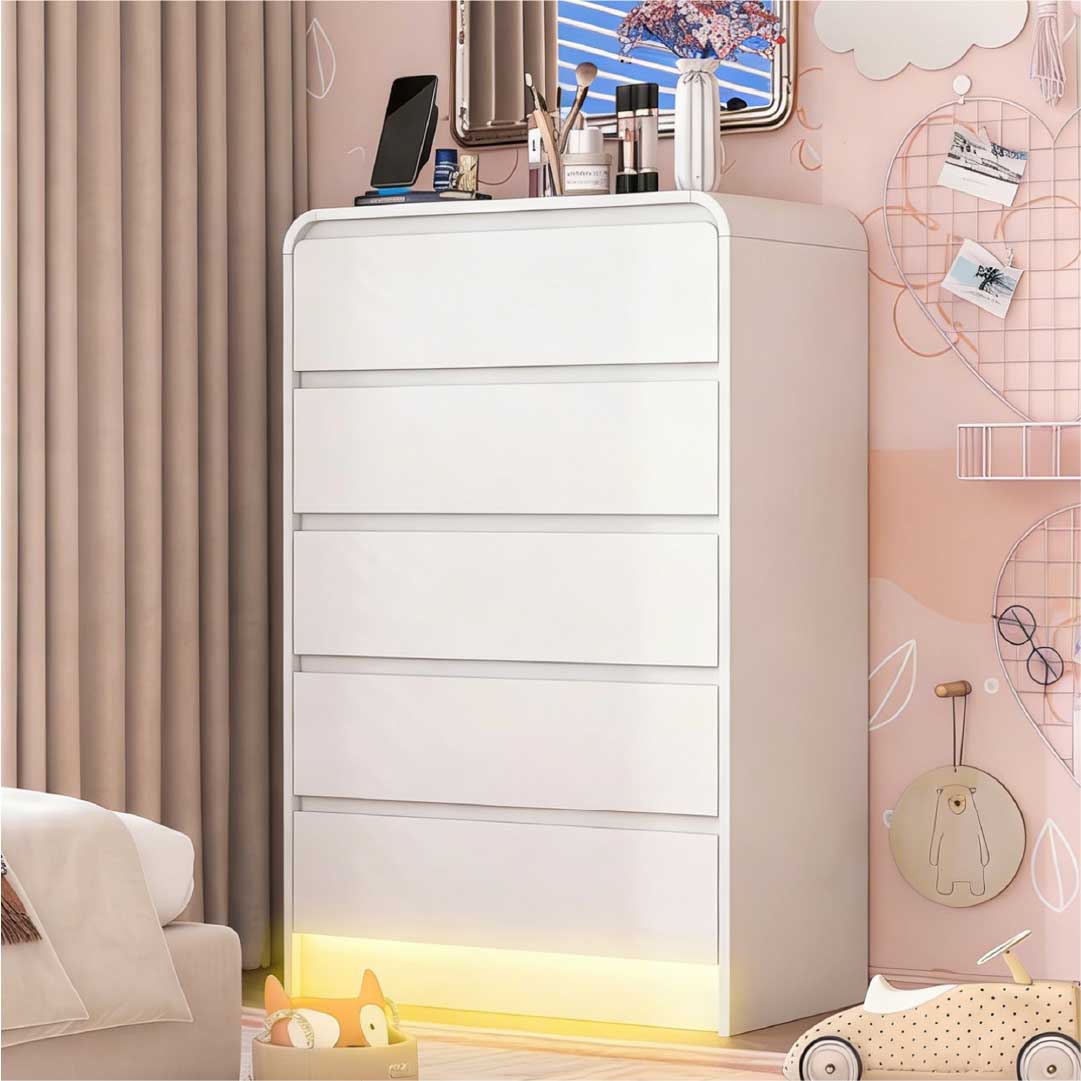 Yelenaro Vit byrå med 5 lådor & RGB LED – Modern minimalistisk lådbyrå med förvaring