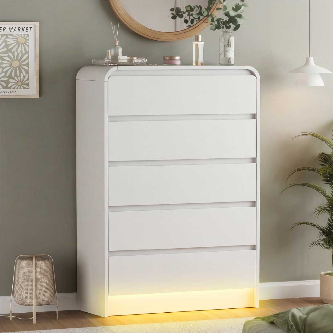 Yelenaro Vit byrå med 5 lådor & RGB LED – Modern minimalistisk lådbyrå med förvaring