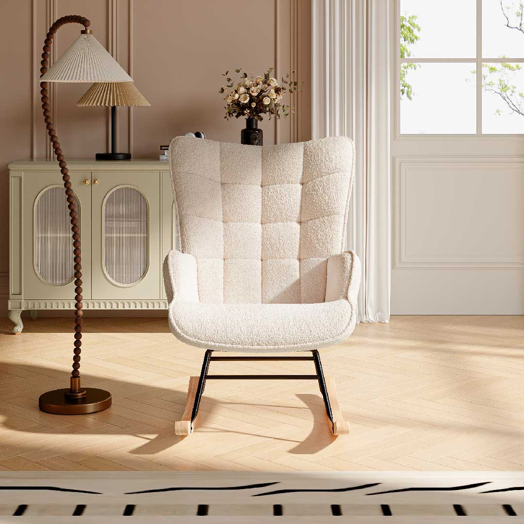 Yelenaro Bouclé Schaukelstuhl mit hohem Rücken – Ergonomischer Relaxsessel mit Holzfüßen für Wohnzimmer & Schlafzimmer