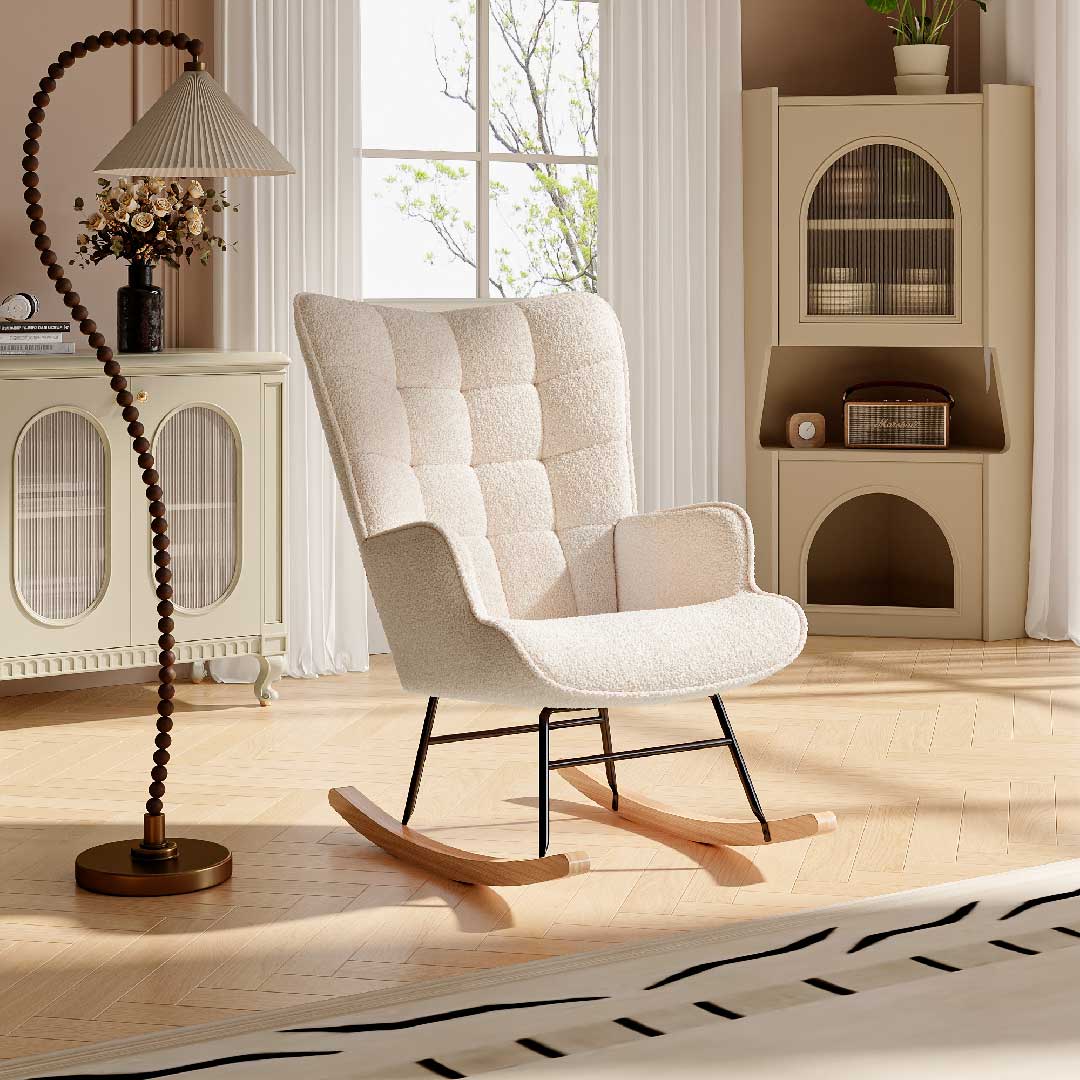 Yelenaro Bouclé Schaukelstuhl mit hohem Rücken – Ergonomischer Relaxsessel mit Holzfüßen für Wohnzimmer & Schlafzimmer
