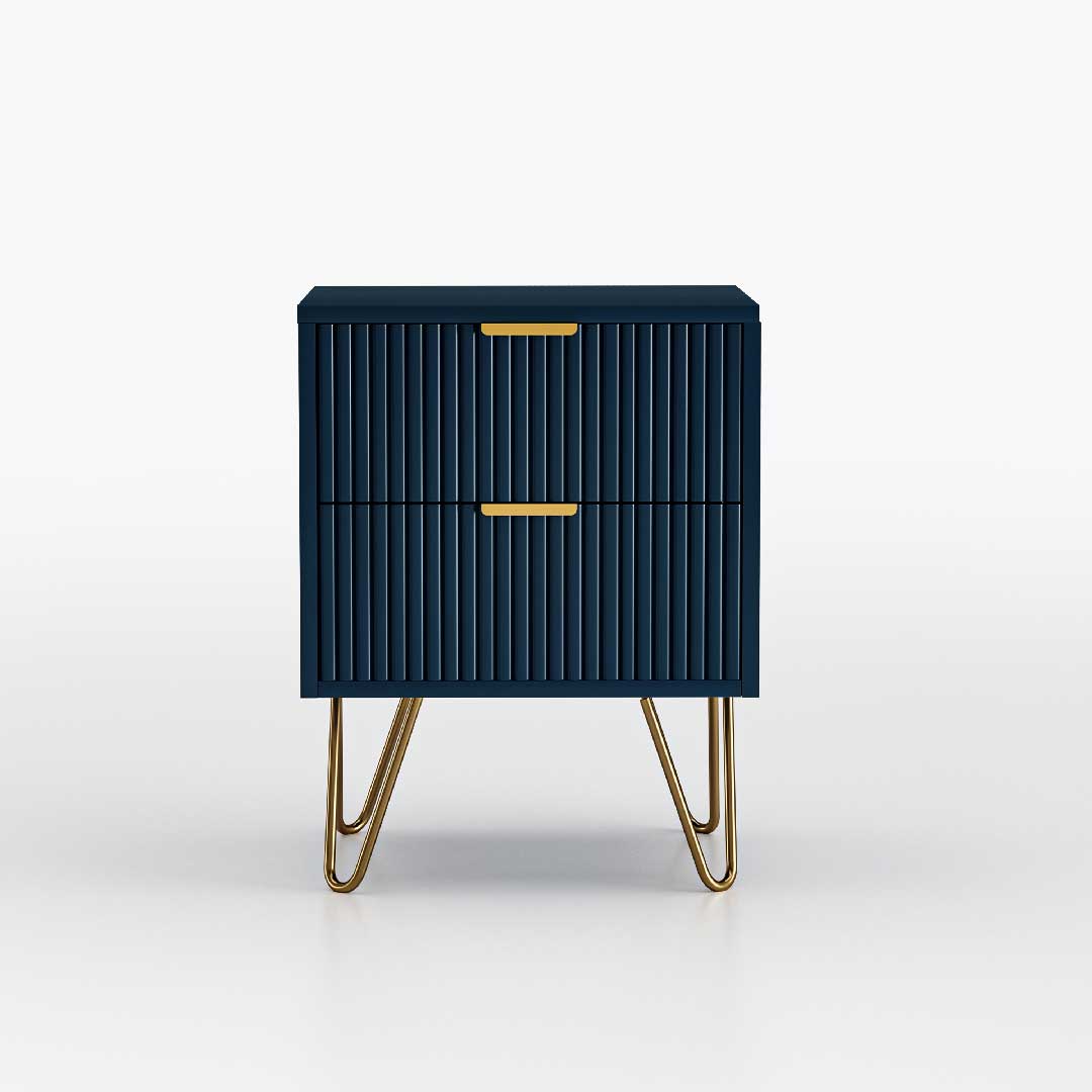 YELENARO Nachttisch Marineblau mit 2 Schubladen und goldenen Metallbeinen freigestellt