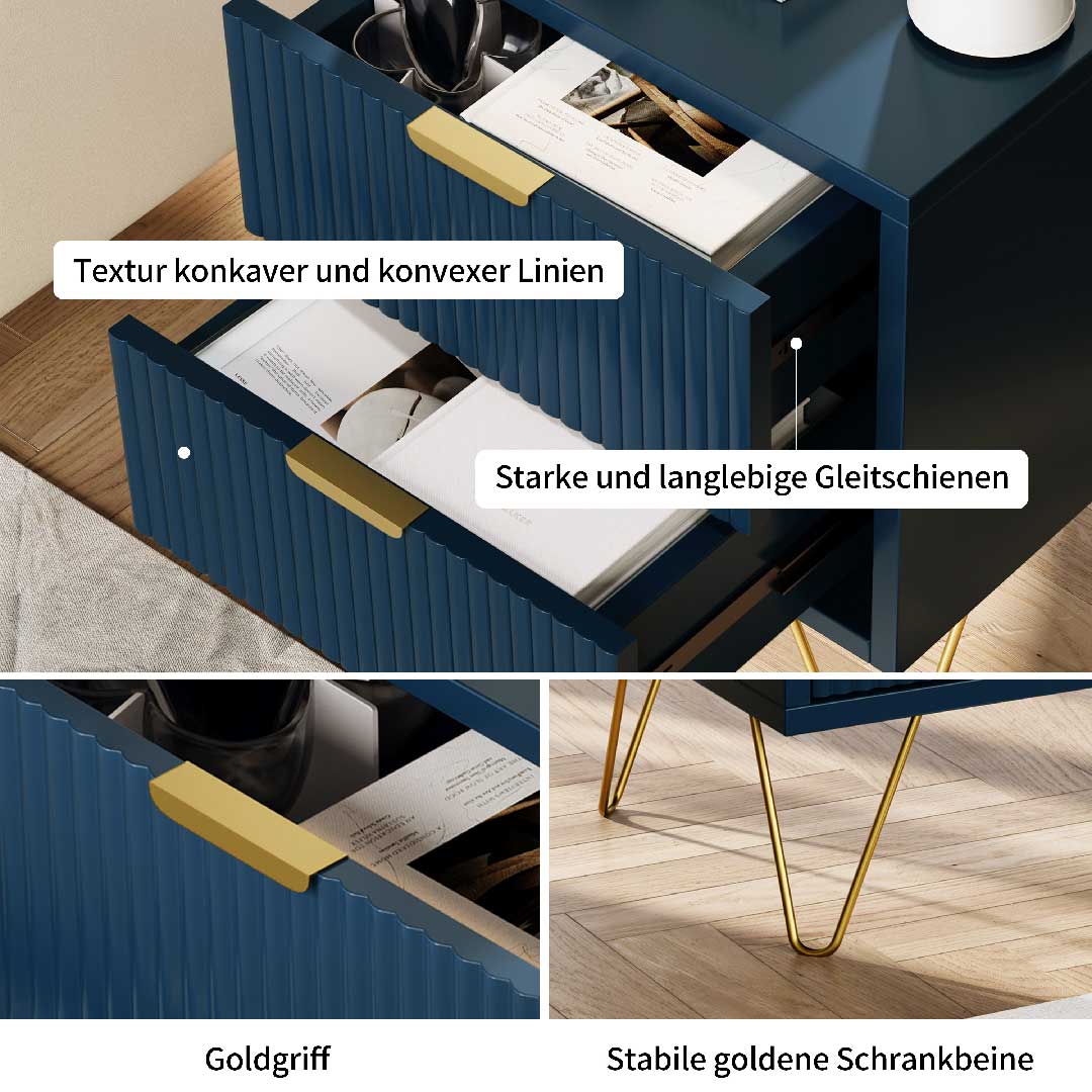 Detailansicht Nachttisch Marineblau: strukturierte Schubladenfront, stabile Gleitschienen und goldene Metallbeine