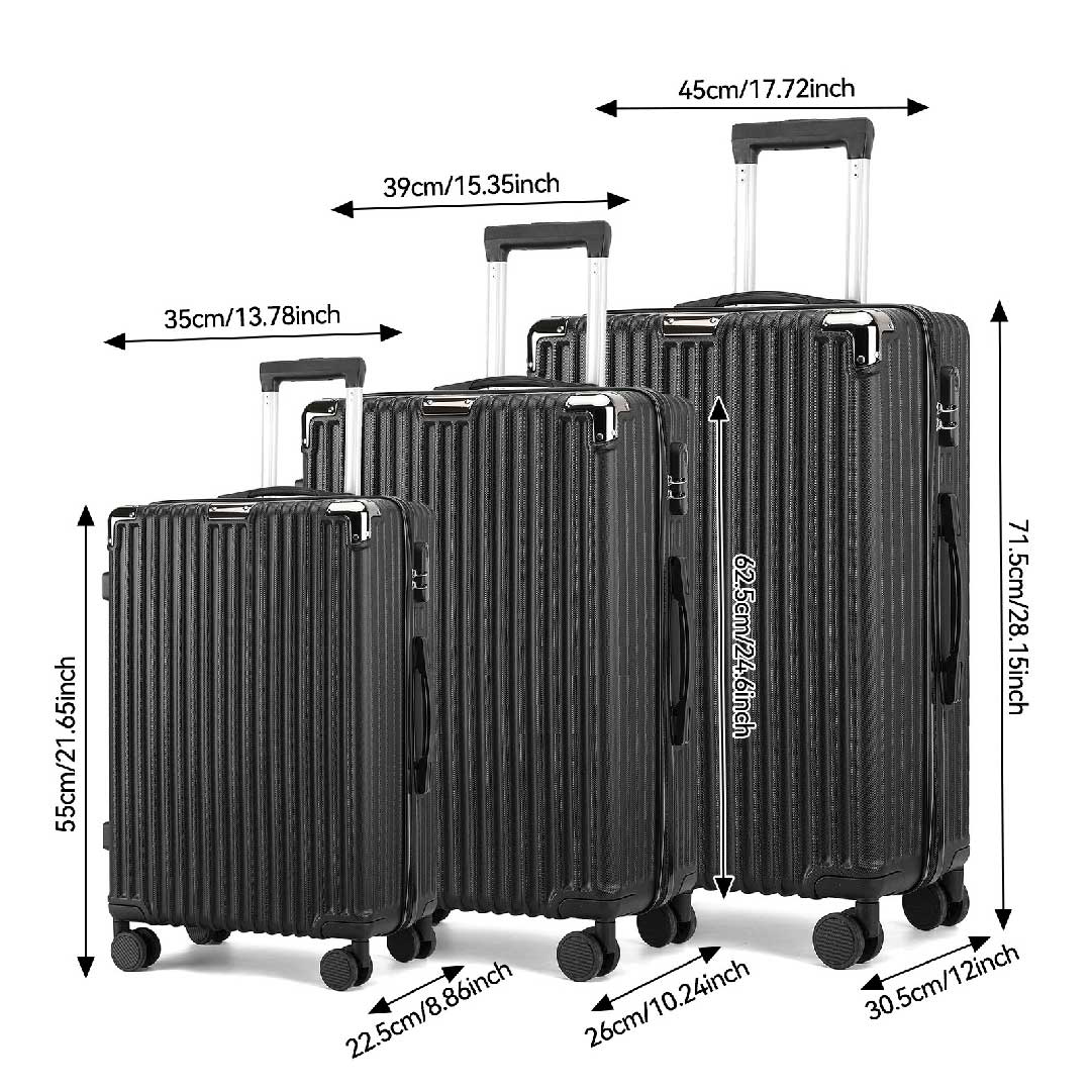 Größenübersicht des Yelenaro Koffersets – 20, 24 und 28 Zoll mit Maßangaben