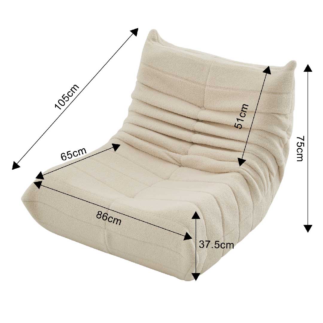 Beiges Yelenaro Bodensofa mit Rückenlehne, Togo Sitzsack Sofa mit ergonomischem Design und Maßangaben für Wohnzimmer oder Schlafzimmer