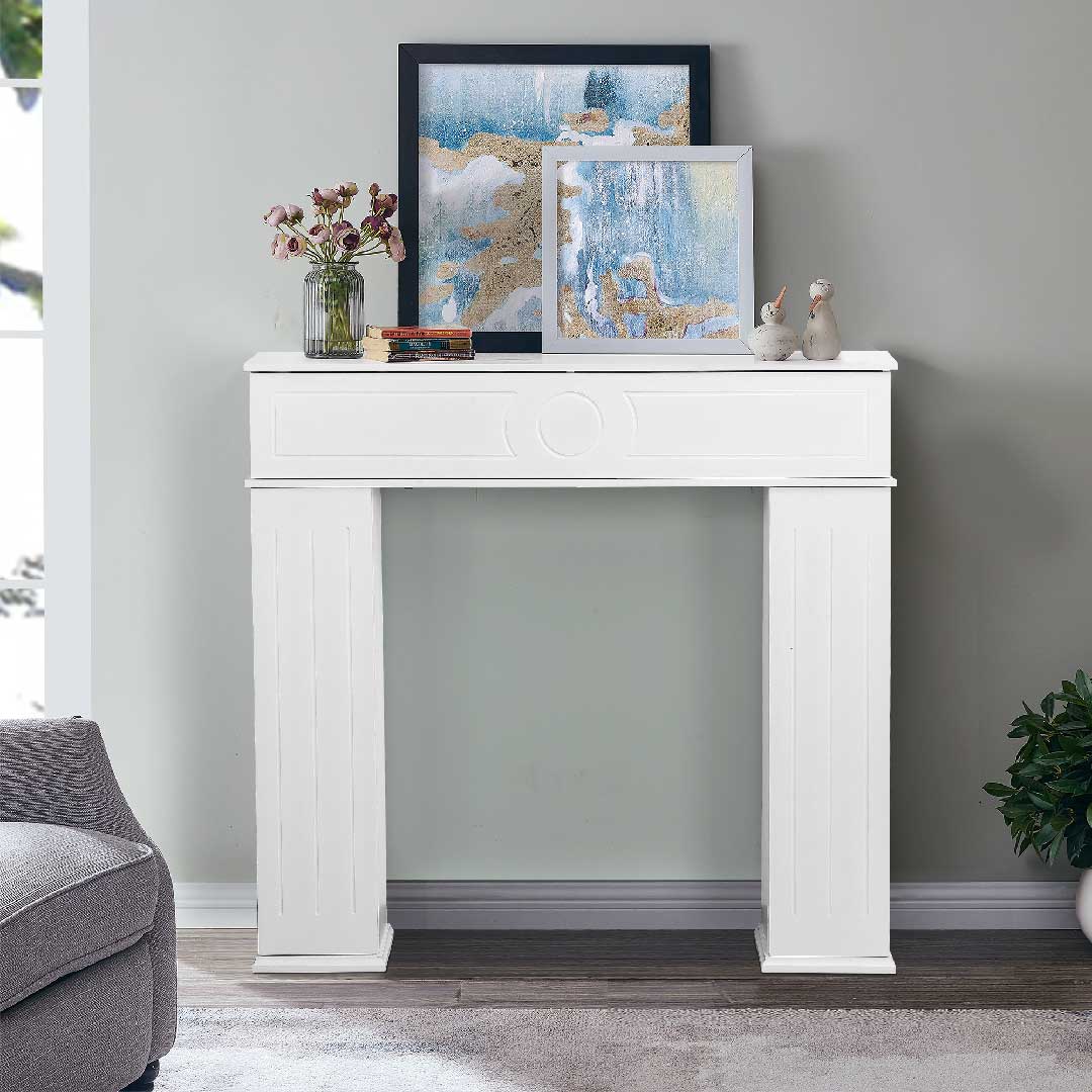 Yelenaro Kaminumrandung Weiß im Wohnzimmer, elegante Kaminkonsole ohne Kaminfeuer, ideal als dekoratives Möbelstück