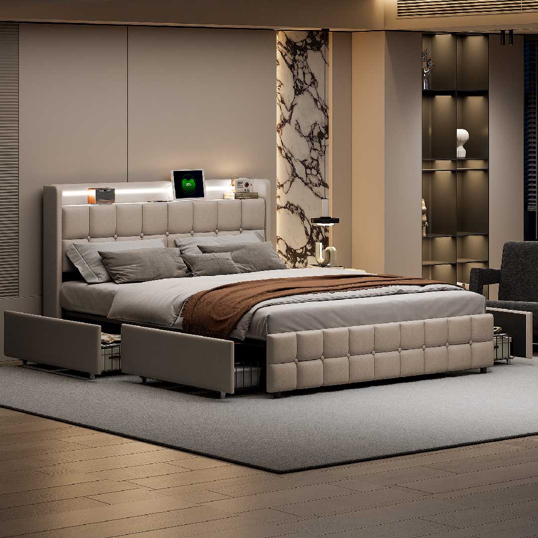 Yelenaro Leinen-Polsterbett mit LED-Beleuchtung und USB-Anschlüssen – stilvoll eingerichtetes Schlafzimmer mit Stauraum und modernem Ambiente.