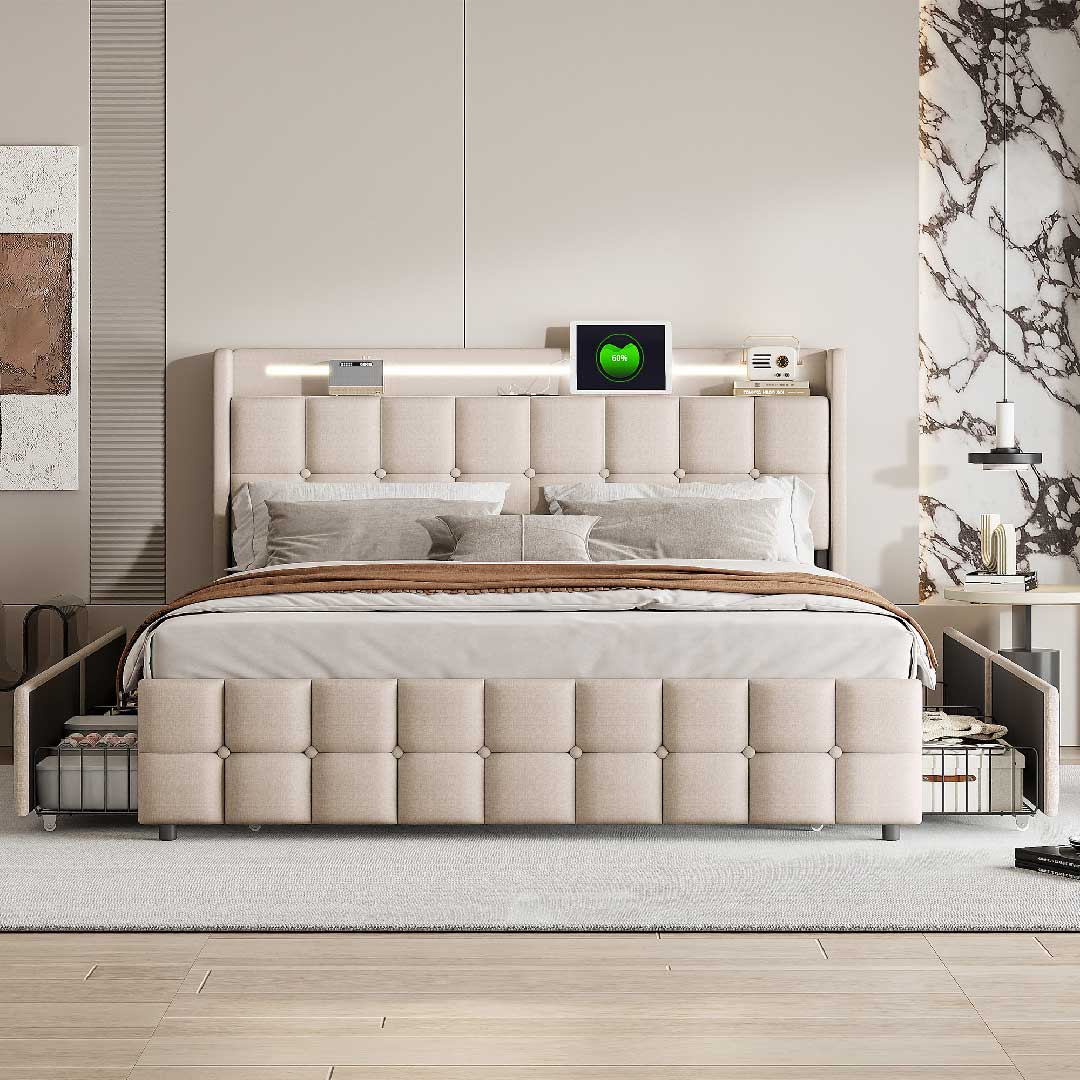 Elegantes Yelenaro Leinenbett mit gepolstertem Kopfteil, LED-Lichtleiste und Schubladen – modernes Schlafzimmer im skandinavischen Stil.
